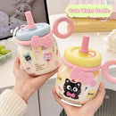 Axyaa Cute Cat Water Bottle with Straw Cap and Handle - 950ml Gym Travel Tumbler