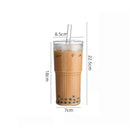 Axyaa Glass Cup with Lid & Straw, Transparent Stripe Mug for Milk Coffee Juice Tea