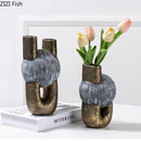 Axyaa Abstract Art Ceramic Vase with Artificial Flowers - Modern Room Decor Aesthetic