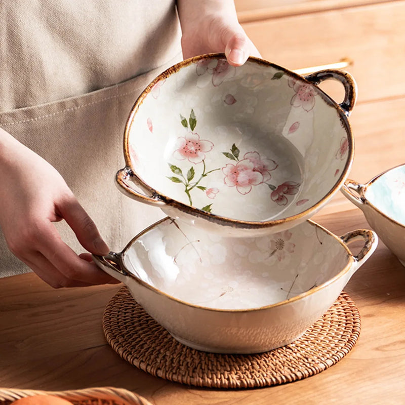 Axya 700ml Japanese Flowers Noodle Bowl - Ceramic Soup Salad Pasta Kitchen Tableware