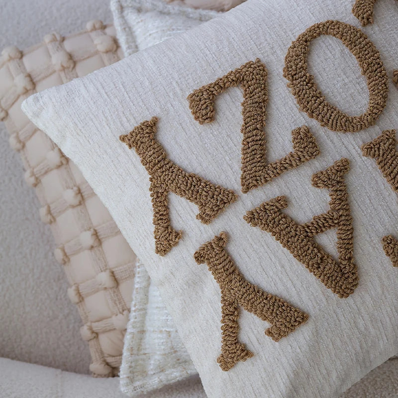 Chenille Embroidered Cushion Cover 18"x18" for Living Room Sofa, Axyaa Beige Pillowcase