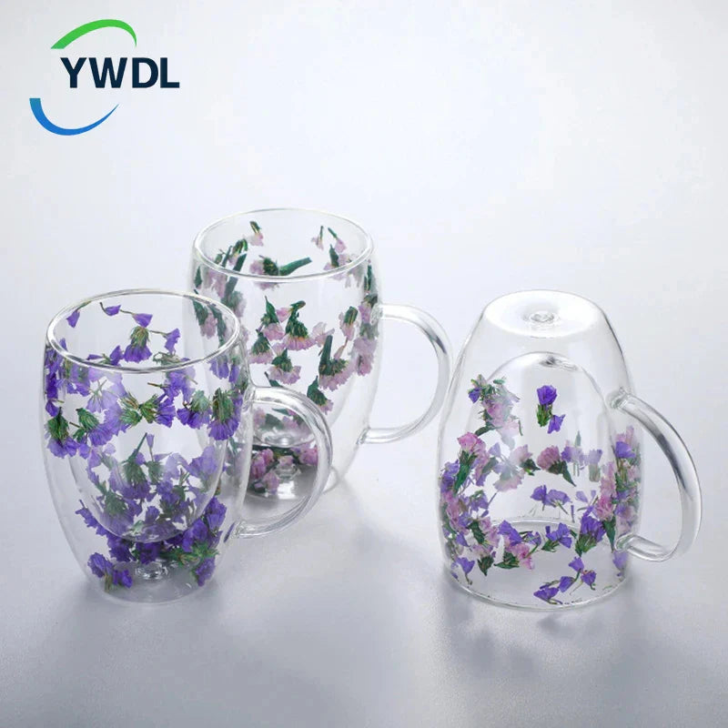 Axya Double Wall Glass Coffee Mugs 350ml Elegant Flower Design