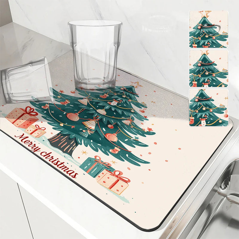 Axyaa Christmas Tree Absorbent Drying Mat - Quick Dry, Antiskid Tableware Mat