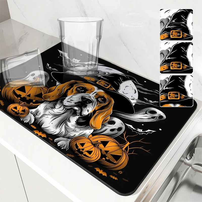 Axyaa Coffee Mat: Halloween Dog Bat Draining Pad, Quick Dry Kitchen Bathroom Drying Mat