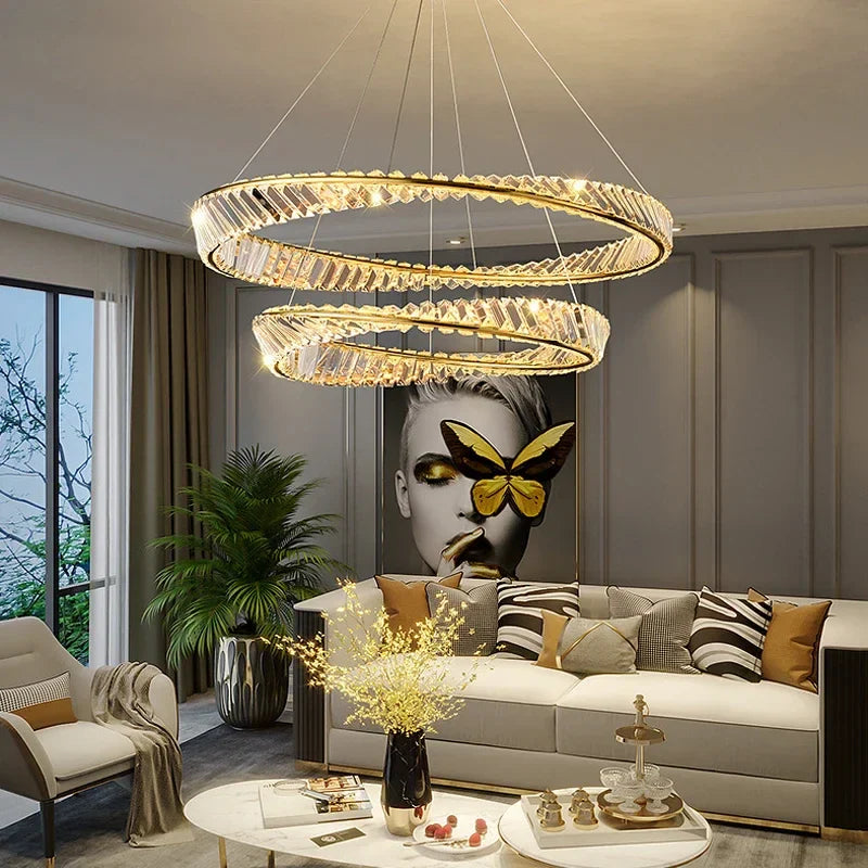 Axyaa Crystal LED Pendant Chandelier for Living and Bedroom, Modern Luxury Gold Lighting