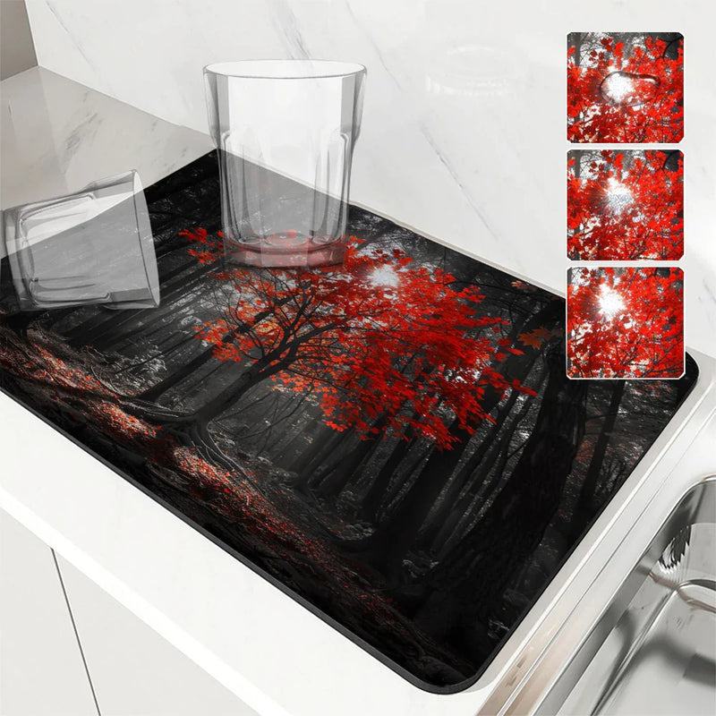 Axyaa Autumn Scenery Drain Pad: Absorbent & Anti-slip Dry Mat for Dishes & Cups