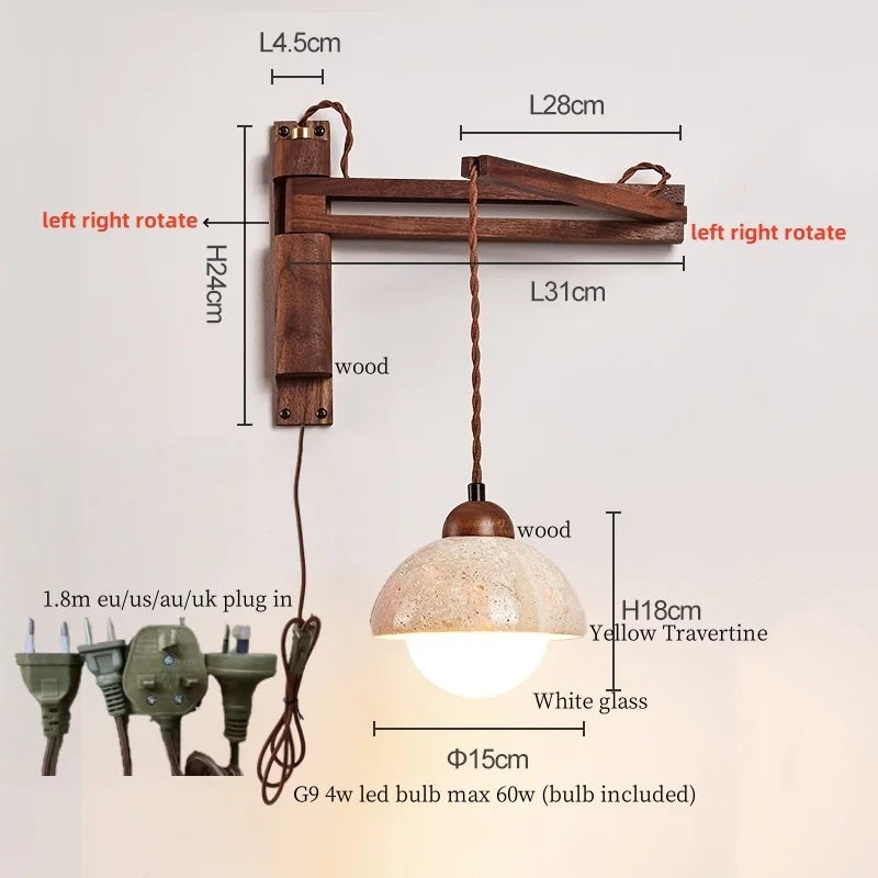 Axyaa Wood Stone LED Wall Lamp with Pull Switch, Stretching and Folding for Home Lighting