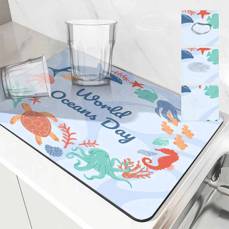 Axyaa Absorbent Kitchen & Bathroom Draining Mat - Quick Dry, Anti-Slip Octopus & Shark Dish Mats