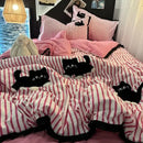 Axyaa Green Stripe Black Cat Embroidery Cotton Duvet Cover Set