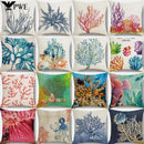 Axyaa Coral Marine Life Watercolor Cushion Cover Ocean Fish Linen Pillowcase