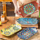Axyaa Ceramic Fish Dish with Handle: Bohemian Style Rectangular Dining Tray, 12.8-inch