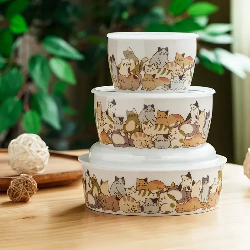 Axya Lazy Cat Glazed Bowl with Cover - Microwave and Salad Friendly