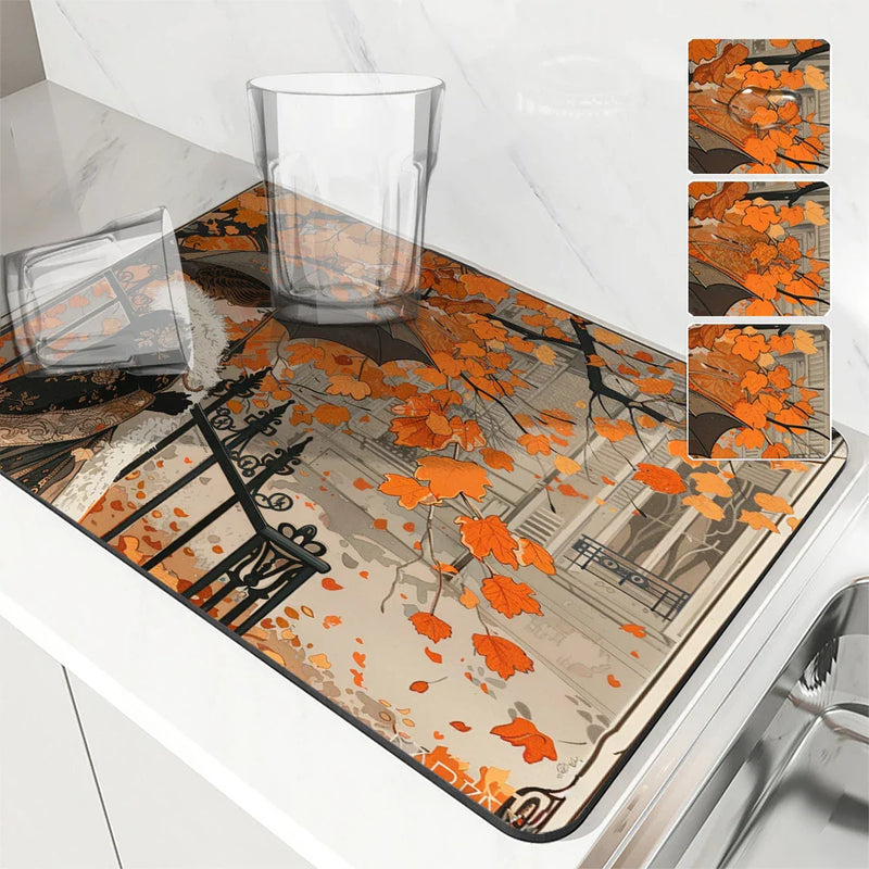 Axyaa Retro Coffee Dish Mat: Absorbent, Anti-slip, Quick Dry Draining Mat for Kitchen and Bathroom