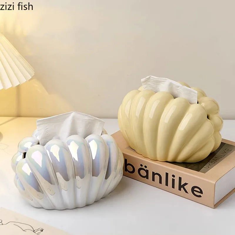 Axya Silver Shell Tissue Box: Cute Clamshell Desktop Container