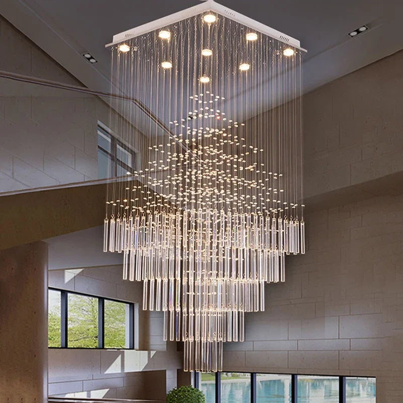 Axyaa Crystal Ceiling Chandelier - Modern Square Base Light Fixture for Living Room and Staircase