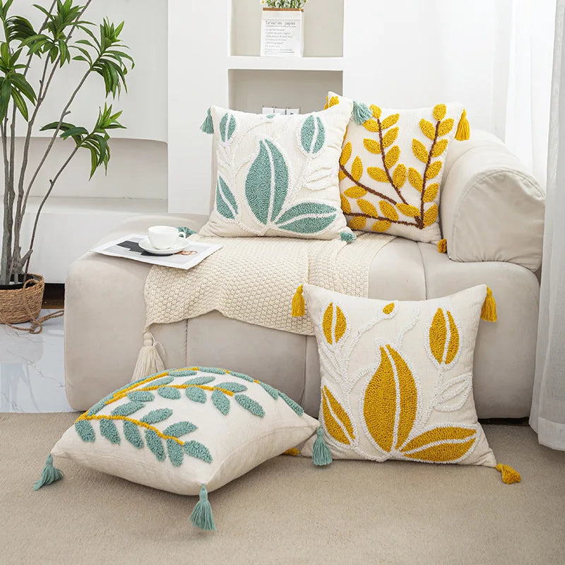 Axyaa Plant Tassels Tufted Leaves Cushion Cover 45x45cm