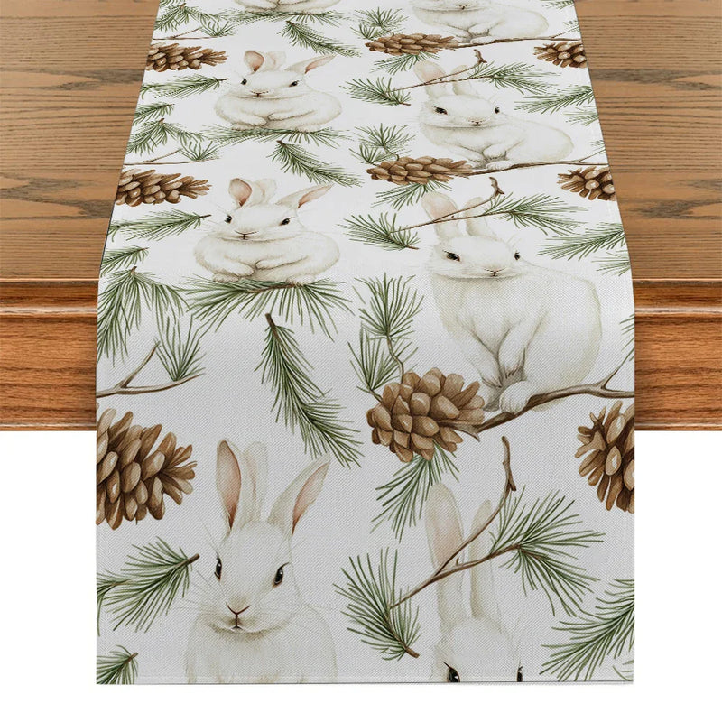 Axyaa Christmas Rabbit Pine Cone Fir Table Runner for Festive Dining Decor