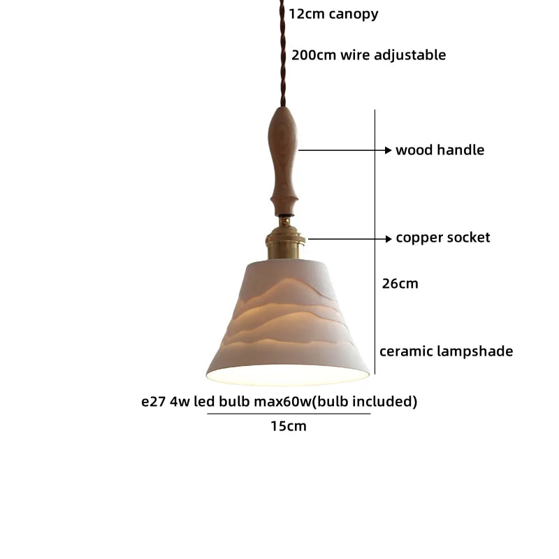 Axyaa Ceramic Pendant Light Wood White LED Lamp for Living Room & Cafe