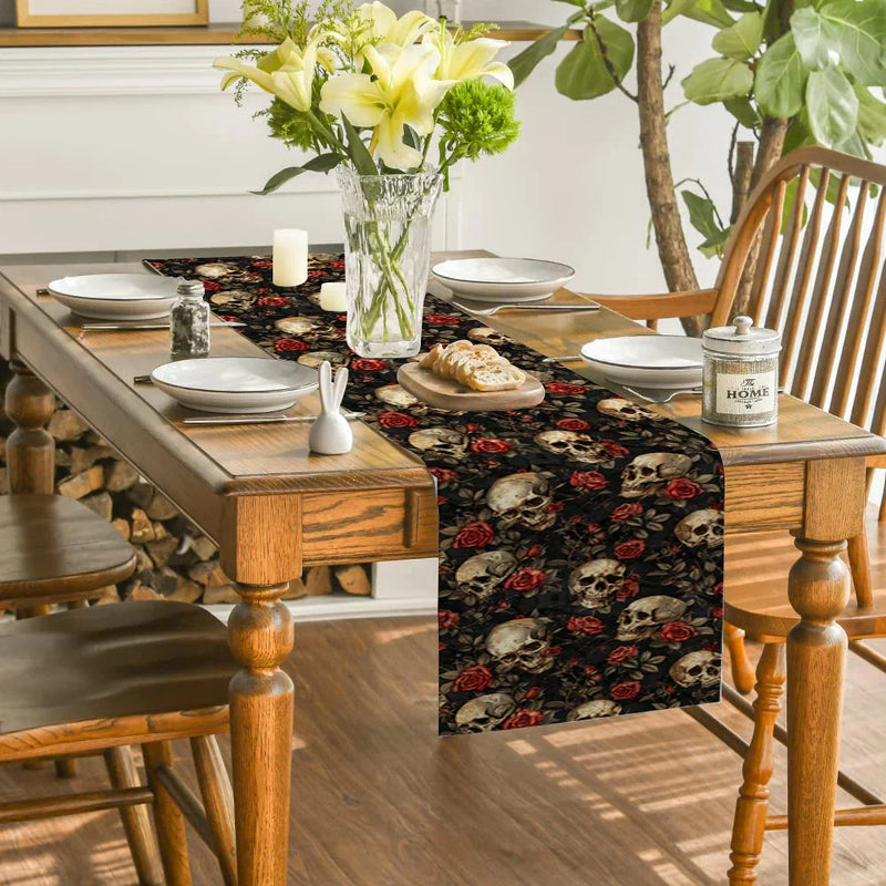 Axyaa Skull Rose Table Runner: Washable, Indoor Outdoor Dining Decoration