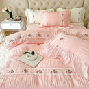 Axyaa Pink Lace Gauze Bedding Set - Elegant Princess Style Queen Duvet Cover