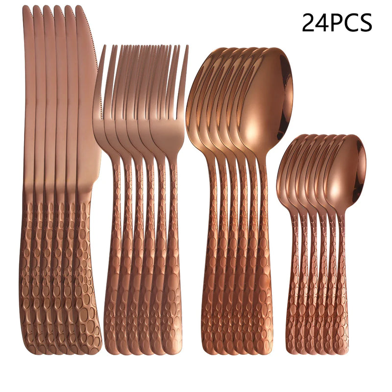 Axyaa Rose Gold Stainless Steel Tableware Set - 24pcs, Steak Knife, Dinner Fork, Soup Spoon, Tea Spoon