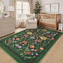 Retro Floral Print Bohemian Rug by Axyaa - Machine Washable & Non-slip Area Mat