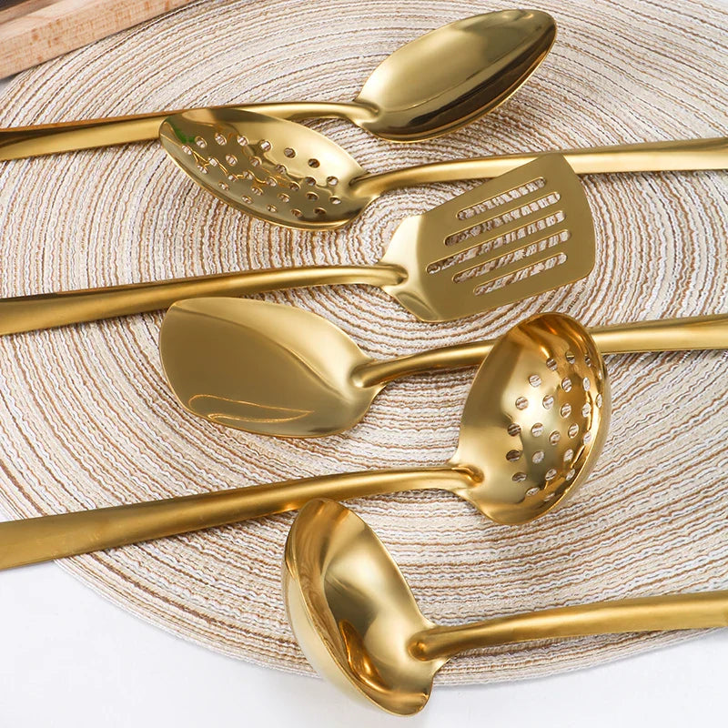 Axyaa 6pcs Korean Stainless Steel Kitchenware Set - Golden Soup Spoon, Colander, Hot Pot Spoon
