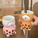 Axyaa Boba Bear Ceramic Mug with Straw | 280ml Aesthetic Coffee Cup for Bubble Tea