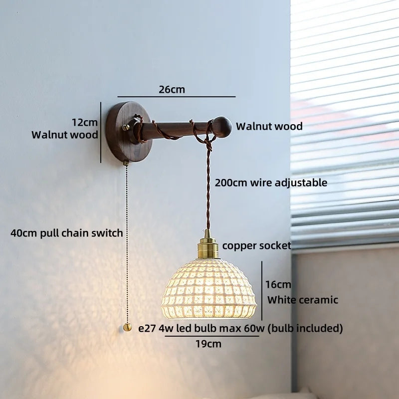 Axyaa White Ceramic LED Wall Lamps with Black Walnut Wood Pull Chain Switch