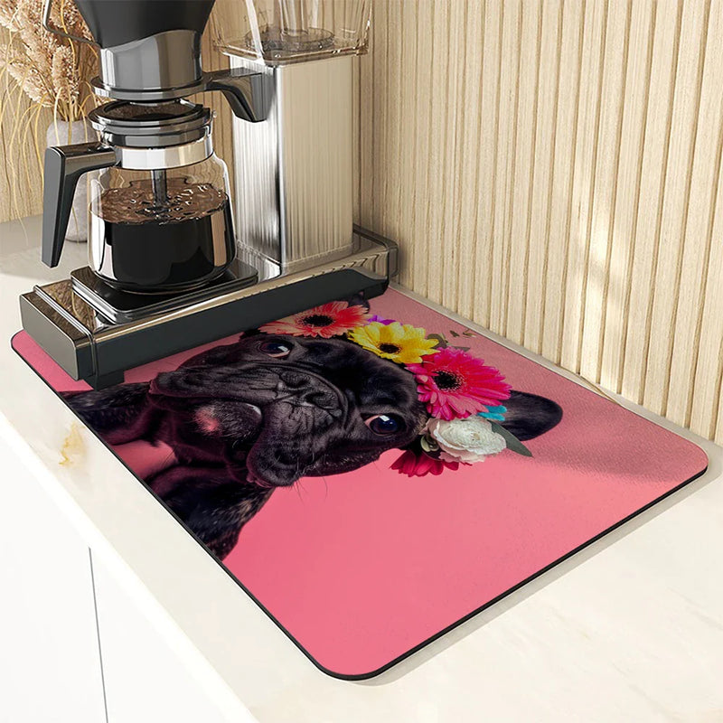 Axyaa Absorbent Coffee Dish Mat: Non-Slip Animal & Plant Design, Quick Dry Kitchen & Bathroom Drain Pad