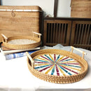 Axya Natural Shells Rattan Tray with Handle - Living Room Organizer