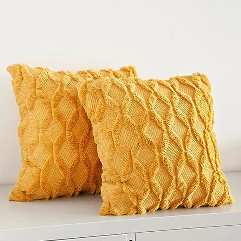 Axyaa Yellow Plush Geometry Pillow Cover 18x18inch