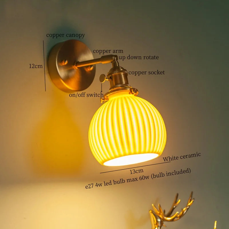 Axyaa Nordic LED Wall Lamps, Modern Copper Arm Ceramic Light for Living Room, Bedroom