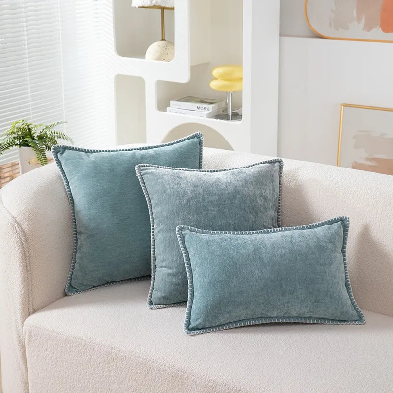 Blue Chenille Luxury Lumbar Pillow Case for Bed Sofa Couch by Axyaa