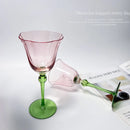 Axyaa Pink Flower Green Stem Glass Goblet - 320ml Vintage Style