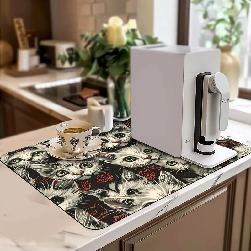 Axyaa Watercolor Cat Absorbent Draining Drying Mat
