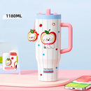 Axyaa Cartoon Cute Thermal Water Bottle Insulated Ceramic Cup with Handle & Double Straw