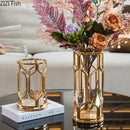 Axyaa Modern Golden Metal Rack Glass Vase for Stylish Flower Arrangement
