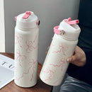Axyaa Pink Ribbon Bow Thermos Stainless Steel Water Bottle with Straw Lid