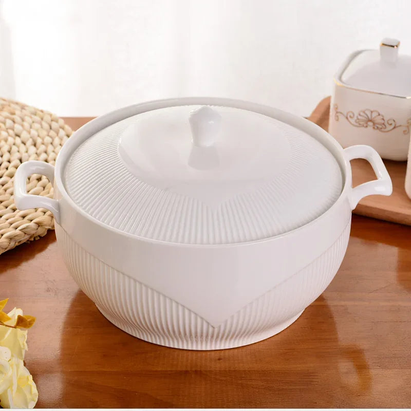 Axya Nordic White Ceramic Soup Pot with Lid, 2.6L Large Bowl
