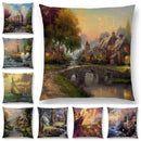 Axyaa Rustic Landscape Castle Lighthouse Oil Painting Cushion Cover