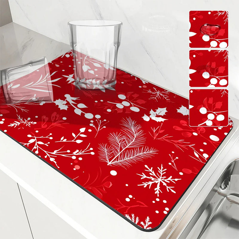 Axyaa Holly Berry Kitchen Drying Mat - Quick Dry & Antiskid Drain Pad