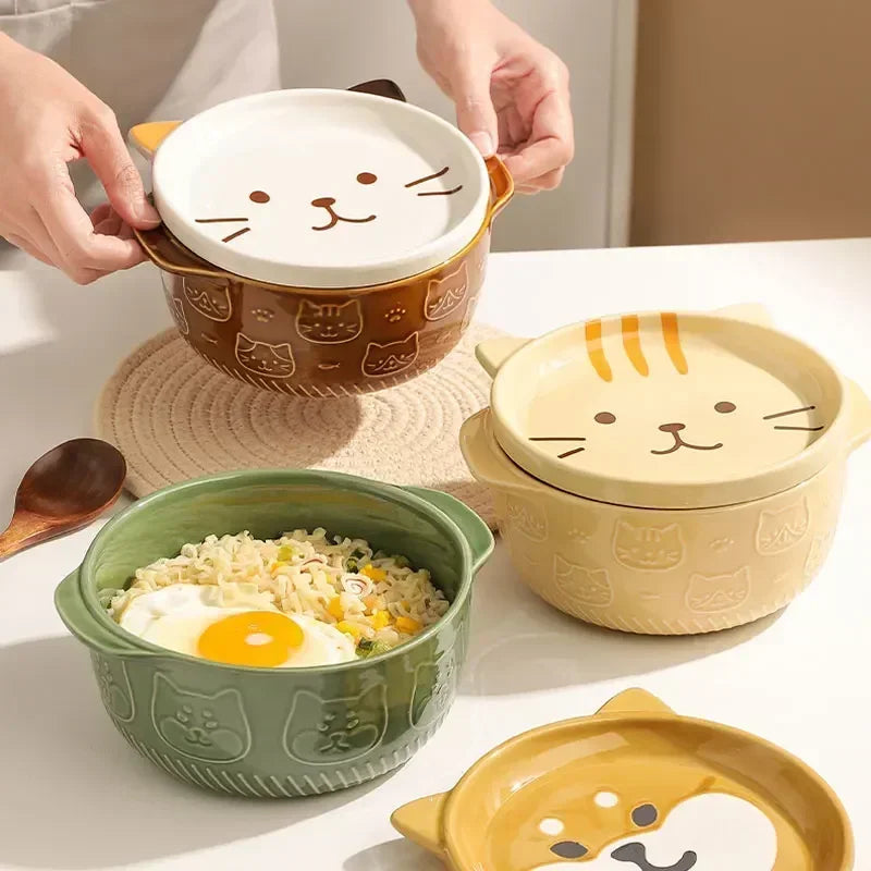 Axya Ceramic Cat Dog Noodle Bowls With Lids - Cute Animal Soup Salad Fruit Bowl