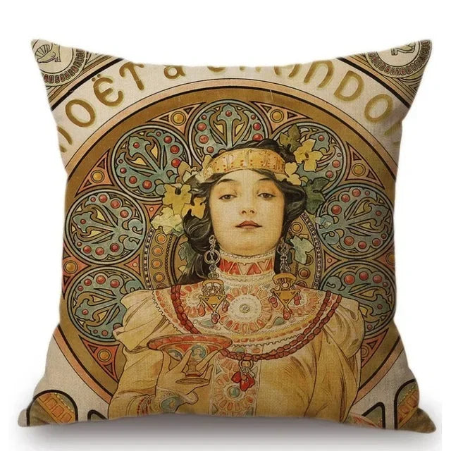 Axyaa Art Nouveau Mucha Gallery Cushion Cover - Beautiful Girl Pattern Linen Pillowcase
