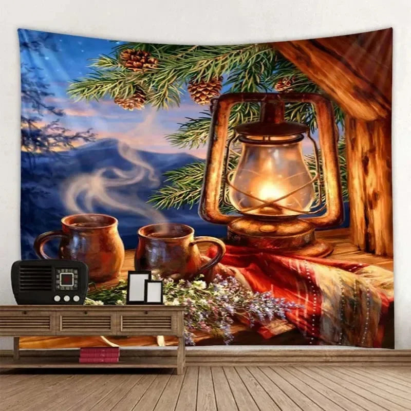 Axyaa Christmas Party Decoration Background Cloth Santa Claus Christmas Tree Stove Tapestry