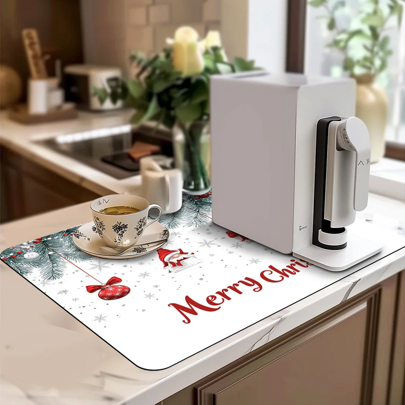 Axyaa Christmas Watercolor Absorbent Dish Drying Mat with Rubber Backing