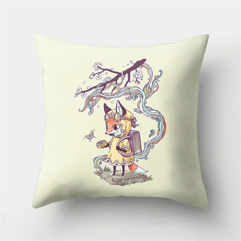 Fox and Bird Polyester Pillowcase by Axyaa: Cartoon Landscape Cushion Cover for Sofa
