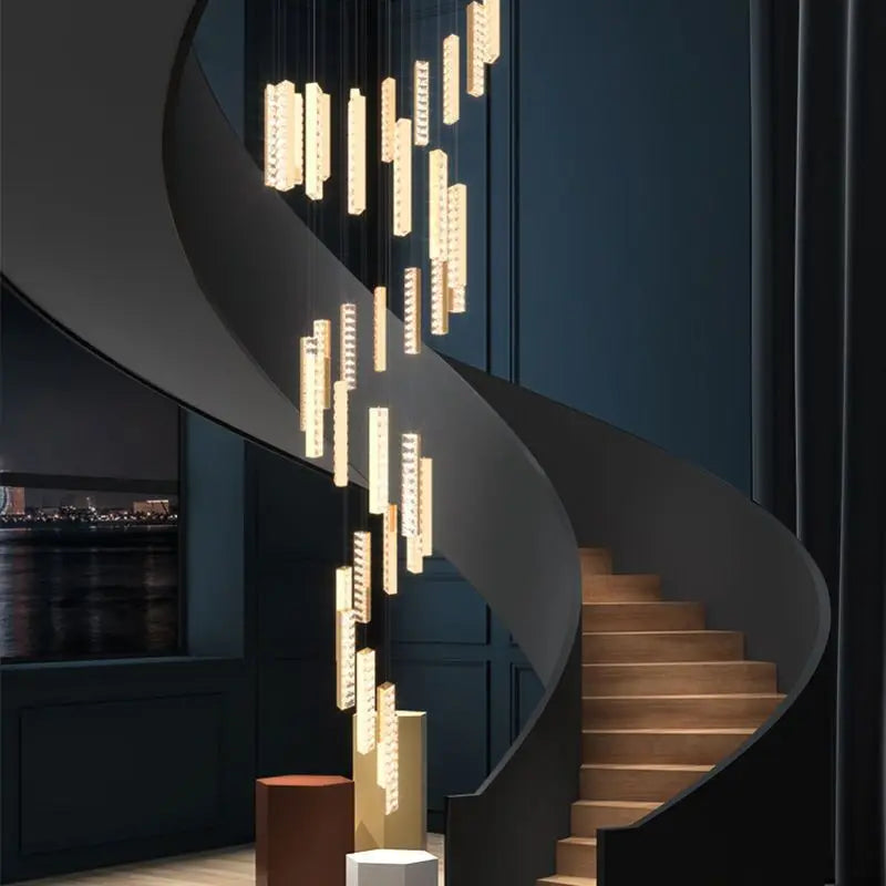 Axyaa Gold Chrome Steel Dimmable LED Pendant Lights with K9 Crystal Lustre for Villa Stairs