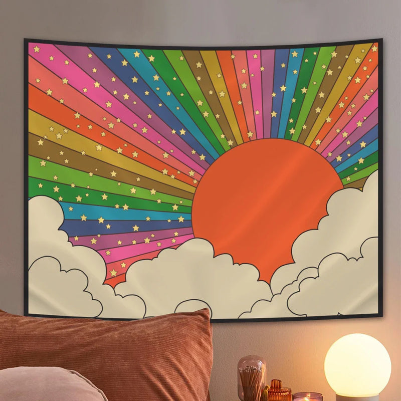 Boho Sun Moon Phase Rainbow Tapestry by Axyaa - Bedroom Decor Bedspread