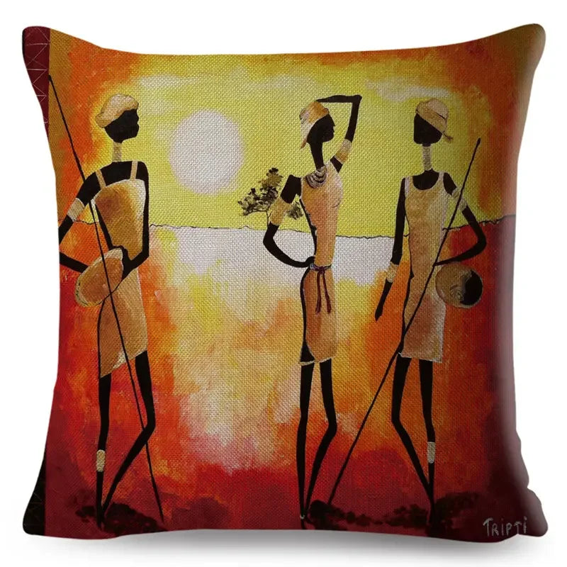 Axyaa Abstract African Woman Decorative Cotton Linen Cushion Cover